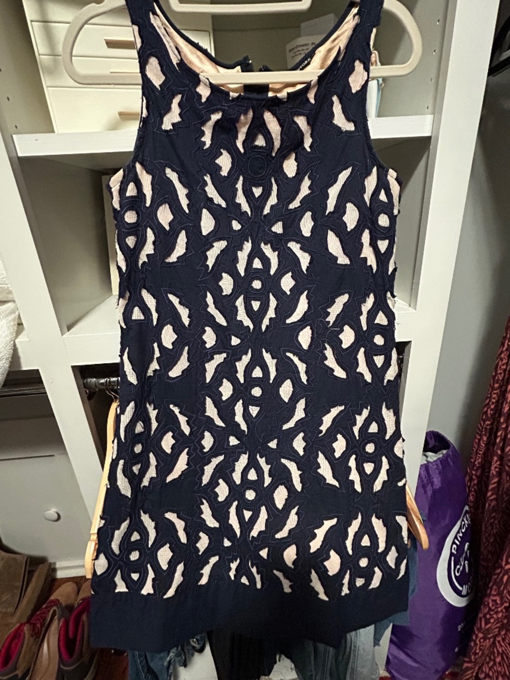 KAS New York Navy Blush Lace Embroidered Cocktail Shift Dress